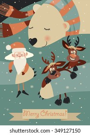 Cute polar bear hugging Santa Claus and reindeers. Vector greeting card