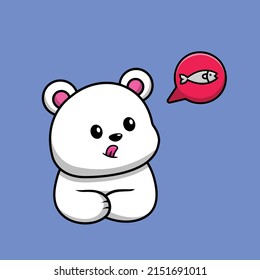 Cute Polar Bear Hungry Imagine Fish Cartoon Vector Icon Illustration. Animal Food Icon Concept Isolated Premium Vector. 