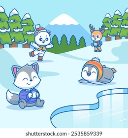 Cute Polar Bear, Husky Dog, Deer, Penguin Playing At Snow In Winter Season Cartoon Vector Icon Illustration. Animal Nature Icon Concept Isolated Premium Vector. Flat Cartoon Style