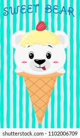 Cute polar bear in the image of ice cream. Sits in a waffle cone on his head glaze and a berry, against a background of stripes in the style of a cartoon. Flat, vector.