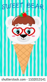 Cute polar bear in the image of ice cream. Sits in a waffle cone on his head glaze and a berry, against a background of stripes in the style of a cartoon. Flat, vector.