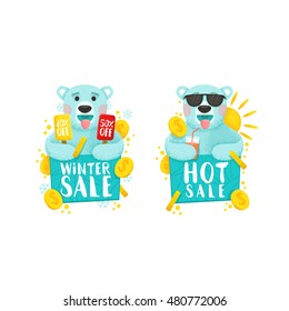 Cute polar bear. Isolated sticker, labels, emblem sale. Winter sale