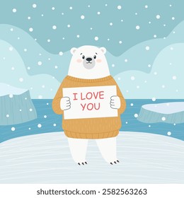 A cute polar bear in a jumper holds a sign that says ‘I love you’. Against a background of glacier, snow, ocean. Postcard, banner, valentine's day. Vector