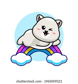 Cute polar bear jumping with rainbow cartoon