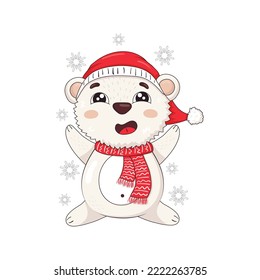 Cute polar bear in a knitted winter scarf and a santa hat sits and catches snowflakes