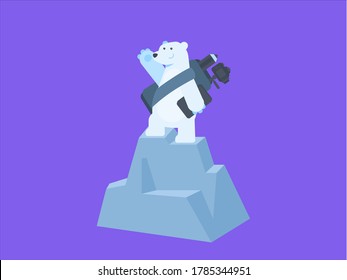 süßer Eisbär mit Laptop und Kamera, der sich auf hallo-Concept-Illustration