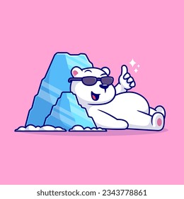 Cute Polar Bear Lay On Iceberg Cartoon Vector Icon Illustration. Animal Nature Icon Concept Isolated Premium Vector. Flat Cartoon Style