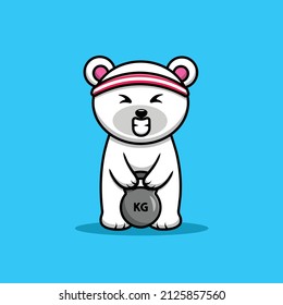 Cute Polar Bear Lifting Fitness Ball Cartoon Vector Icon Illustration. Animal Sport Icon Concept Isolated Premium Vector. Flat Cartoon Style