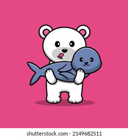Cute Polar Bear Lifting Seals Cartoon Vector Icon Illustration. Animal Icon Concept Isolated Premium Vector.