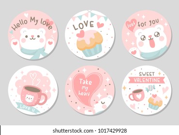 Cute polar bear with love heart and sweet in soft pastel color. Set of circle gift tag, badge, button pin. Lovely, valentine day. Vector illustration.