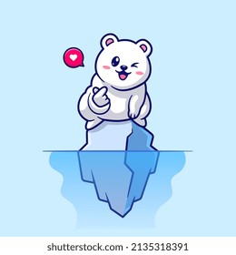 Cute Polar Bear With Love Sign On Ice Cartoon Vector Icon Illustration. Animal Nature Icon Concept Isolated Premium Vector. Flat Cartoon Style