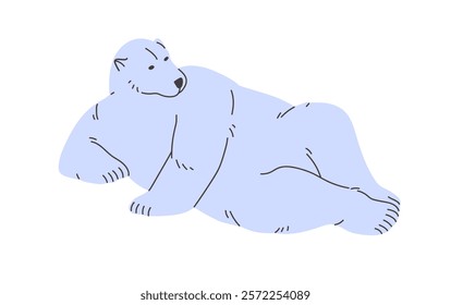 Cute polar bear lying in human pose. Big white animal of North Pole, tundra has a rest in funny posture. Comic arctic beast, furry character of Antarctica relaxes. Flat isolated vector illustration