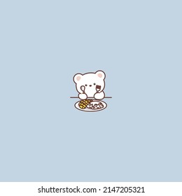 Cute polar bear with mango sticky rice cartoon, vector illustration