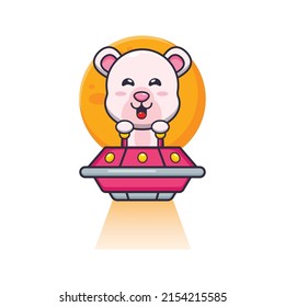 cute polar bear mascot cartoon character fly with ufo