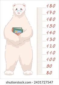 Cute polar bear measuring height on white background