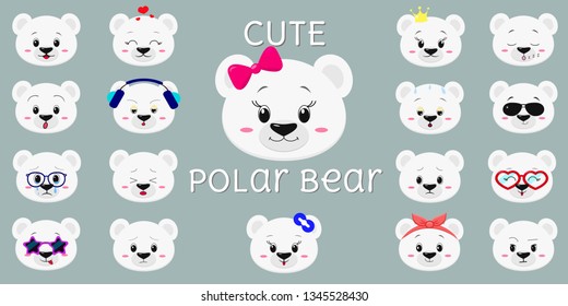 Cute polar bear, mega set of head of different emotions. Cartoon style, flat design, vector illustration.