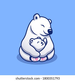 Cute Polar Bear Mom Hugging Baby Polar Cartoon Vector Icon Illustration. Animal Family Icon Concept Isolated Premium Vector. Flat Cartoon Style