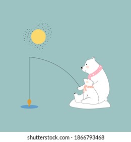 Cute Polar bear Mommy and child fishing together with smiling face,Family bear Dad and cub catching fish in sunny day in sunny day,Greeting card for Baby shower, kid birthday,Mother day or Father day