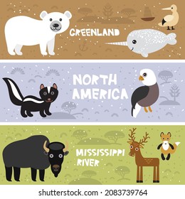 Cute polar bear narwhal bison skunk gannet fox, eagle, deer elk, kids background North America animals Greenland Mississippi River brown beige green violet horizontal card banner. Vector