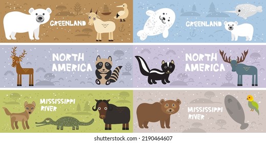 Cute polar bear narwhal bison skunk gannet fox, eagle, deer elk, kids background North America animals Greenland Mississippi River brown beige green violet horizontal card banner. Vector