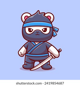 Cute Polar Bear Ninja With Sword Cartoon Vector Icon 
Illustration. Animal Holiday Icon Concept Isolated Premium 
Vector. Flat Cartoon Style