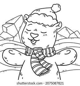 Cute polar bear at the north with santa claus hat and scarf. Happy new year and merry christmas coloring page. Vector illustration isolated background.