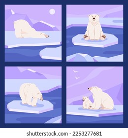 Cute polar bear on glacier, set of square posters or scenes, flat vector illustration. Cheerful polar bear with cub sitting on sea ice. Arctic carnivore inhabitant. Animal floating on ice floe.