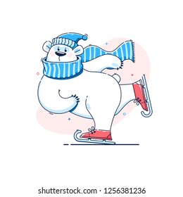 Cute polar bear on ice skates. Winter cartoon illustration.