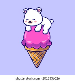 Cute Polar Bear On Ice Cream Cone Cartoon Vector Icon Illustration. Animal Drink Icon Concept Isolated Premium Vector. Flat Cartoon Style