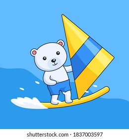 Cute polar bear on sailing boat yacht racing animal sport activity mascot character vector outline illustration cartoon design