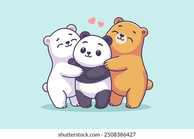 urso polar bonito, panda, e urso calorosamente abraçando um ao outro em um design retrô, inspirado em desenhos animados.