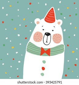 Cute polar bear with party hat and paper. confetti, kids poster or birthday greeting card, vector illustration background