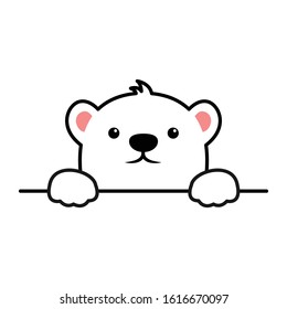 Cute Polar Bear Paws Up Over Wall, Polar Bear Face Cartoon Icon, Vector Illustration