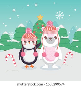 cute polar bear and penguin with candy cane trees merry christmas vector illustration