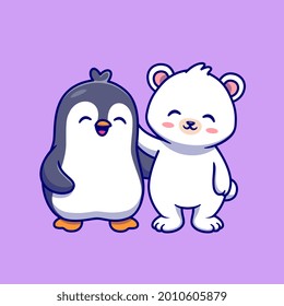 Cute Polar Bear With Penguin Cartoon Vector Icon Illustration. Animal Nature Icon Concept Isolated Premium Vector. Flat Cartoon Style