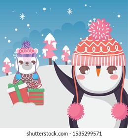 cute polar bear and penguin with gift snow landscape merry christmas vector illustration