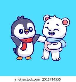 Cute Polar Bear And Penguin Playing Together Cartoon Vector Icon Illustration. Animal Nature Icon Concept Isolated Premium Vector. Flat Cartoon Style