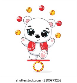 A cute polar bear performs in a circus. Vector illustration of a cartoon.