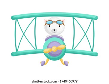Cute Eisbärenpiloten mit einer Luftbrille, die ein Flugzeug fliegt. Grafisches Element für Kinderbuch, Album, Scrapbook, Postcard, Spiel. Flache Vektorgrafik isoliert auf weißem Hintergrund.