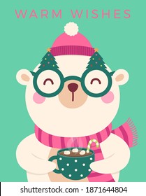 Cute polar bear with pine tree glasses holding a cup of hot chocolate illustration for christmas greeting card, invitation card, postcard, poster or banner.