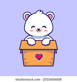 Cute-Polar-Bären spielen in Box Cartoon Vektorsymbol Illustration. Tiernatur-Symbol Konzept isolierter Premium-Vektorgrafik. Flachbildkartonstil