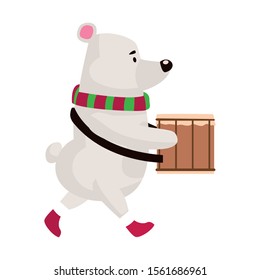 cute polar bear playing a drum over white background, vector illustration