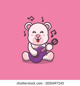 Cute polar bear playing guitar. Cute animal cartoon illustration. Flat isolated vector illustration for posters, brochures, web, mascots, stickers, logos and icons.