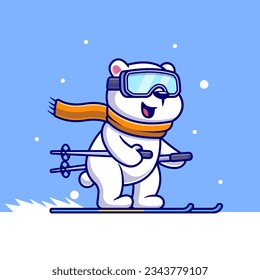 Cute Polar Bear Playing Ice Ski Cartoon Vector Icon Illustration. Animal Sport Icon Concept Isolated Premium Vector. Flat Cartoon Style