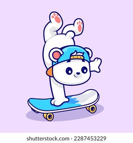 Cute Polar Bear Playing Skateboard Cartoon Vector Icon Illustration. Animal Sport Icon Concept Isolated Premium Vector. Flat Cartoon Style