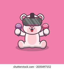 Oso polar lindo jugando a la realidad virtual. Ilustración de dibujos animados. Ilustración vectorial aislada plana para afiches, folletos, web, mascotas, pegatinas, logotipos e iconos.