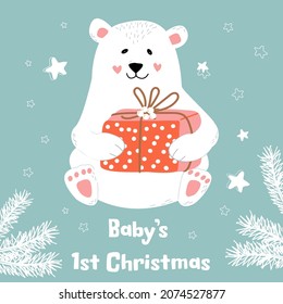 Cute polar bear with a present. Vector Nursery postcard.  Childish print. Card with text Baby first Christmas