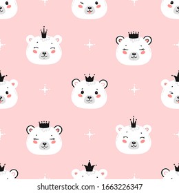 Cute Polar Bear Princess. Little Baby White Teddy Bear Face with Crown Seamless Pattern. Kawaii Animal Heads Childish Vector Background for Kids Fashion Design. Nursery Wallpaper, Baby Shower