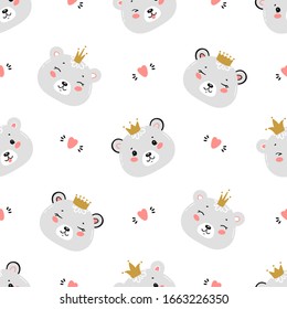 Cute Polar Bear Princess. Little Baby White Teddy Bear Face with Crown and Hearts Seamless Pattern. Kawaii Animal Heads Childish Vector Background for Kids Fashion Design. Print for Nursery Wallpaper