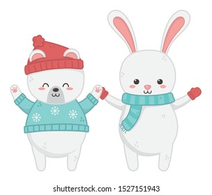 cute polar bear and rabbit with hat sweater and scarf merry christmas vector illustration